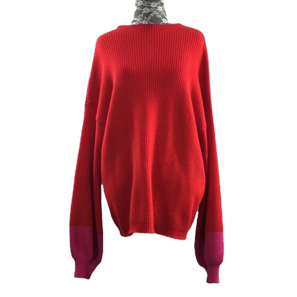 Line And Dot Red Ribbed Knit Sweater Womens XL Pullover Pink Balloon Sleeve - Picture 2 of 12